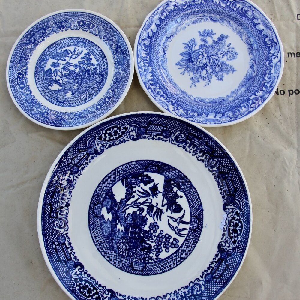 Three blue and white decorative plates